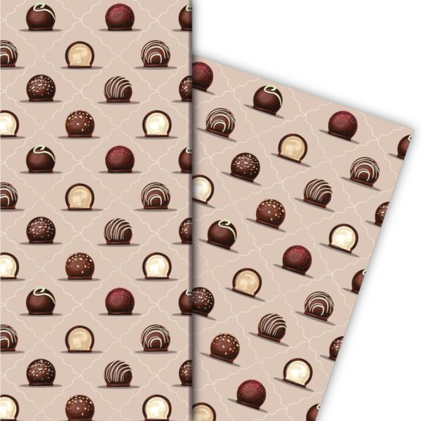 Kartenkaufrausch: Delikates Geschenkpapier mit Schokoladen aus unserer Designer Papeterie in beige
