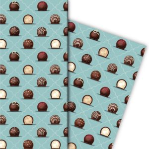 Kartenkaufrausch: Delikates Geschenkpapier mit Schokoladen aus unserer Designer Papeterie in hellblau
