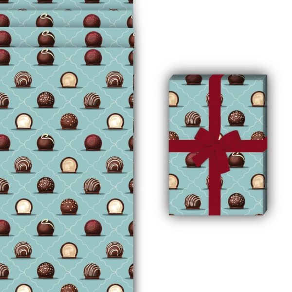 Designer Geschenkverpackung: Delikates Geschenkpapier mit Schokoladen von Kartenkaufrausch in hellblau