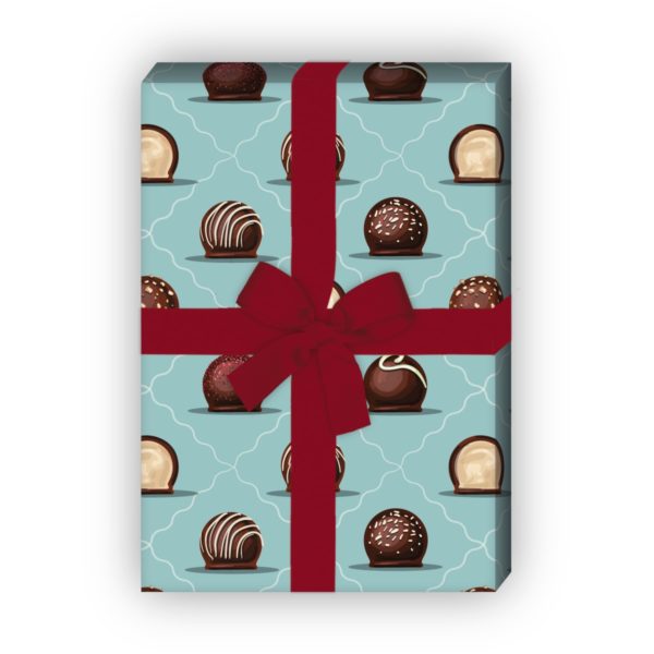 Kartenkaufrausch: Delikates Geschenkpapier mit Schokoladen aus unserer Designer Papeterie in hellblau