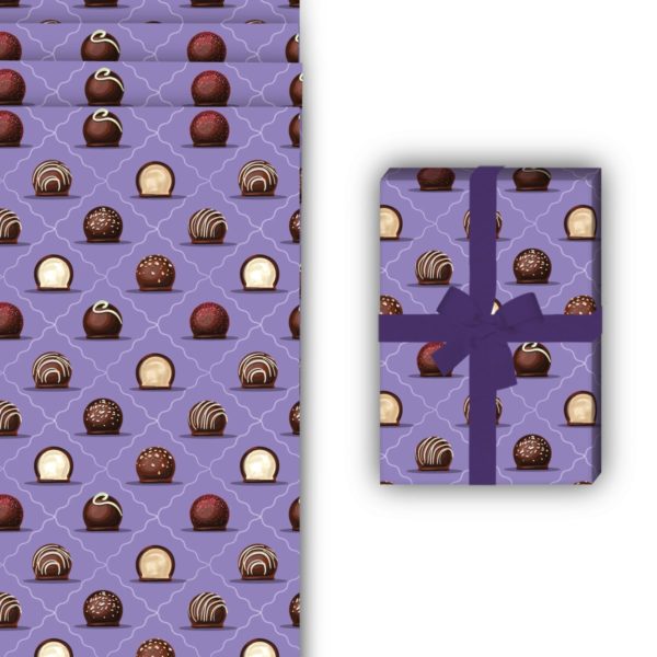 Designer Geschenkverpackung: Delikates Geschenkpapier mit Schokoladen von Kartenkaufrausch in lila
