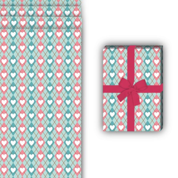 Liebes Geschenkverpackung: Rauten Geschenkpapier mit Herzen von Kartenkaufrausch in blau
