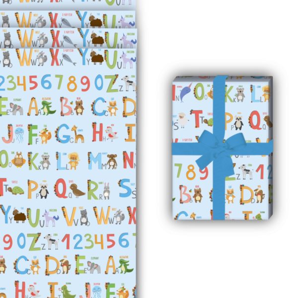 Einschulungs Geschenkverpackung: Niedliches Kinder Geschenkpapier mit von Kartenkaufrausch in blau