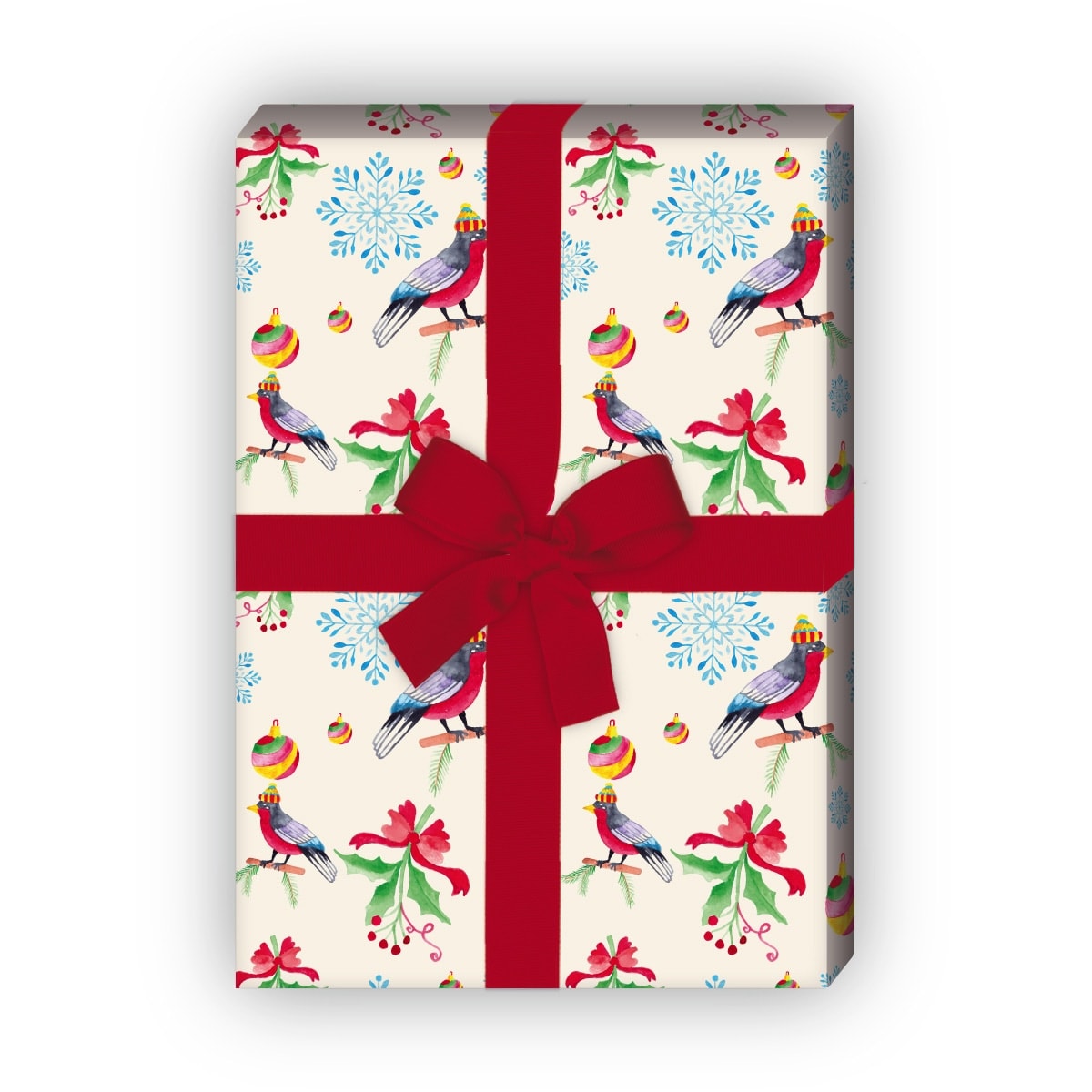 zum Weihnachtsgeschenk einpacken: Vogel Weihnachts Geschenkpapier mit Weihnachtskugeln, beige, jetzt online kaufen