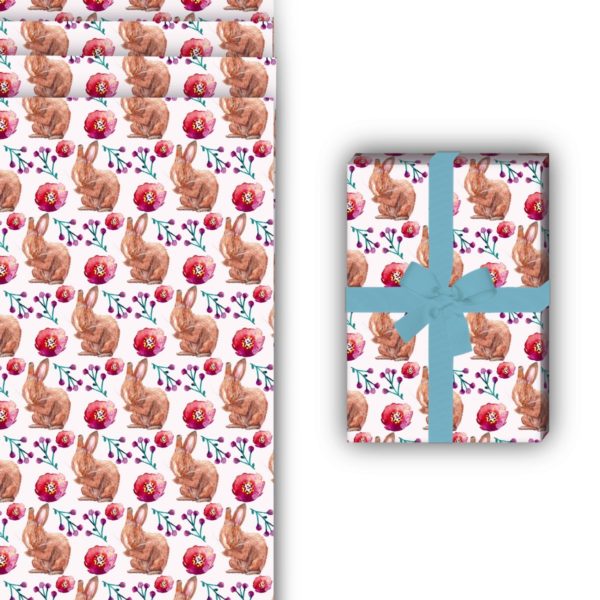 Oster Geschenkverpackung: Handgemaltes Hasen Geschenkpapier mit von Kartenkaufrausch in multicolor