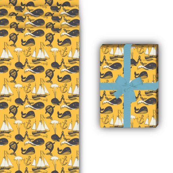 Meer Geschenkverpackung: Nautisches Geschenkpapier mit Segelbooten von Kartenkaufrausch in gelb