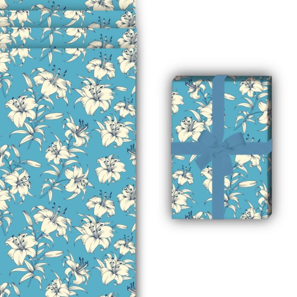 florale Geschenkverpackung: Exotisches Sommer Geschenkpapier mit von Kartenkaufrausch in hellblau