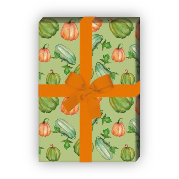 Kartenkaufrausch: Handgemaltes Geschenkpapier mit Kürbissen aus unserer Halloween Papeterie in grün