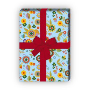 Kartenkaufrausch: Buntes Flower Power Geschenkpapier aus unserer florale Papeterie in hellblau