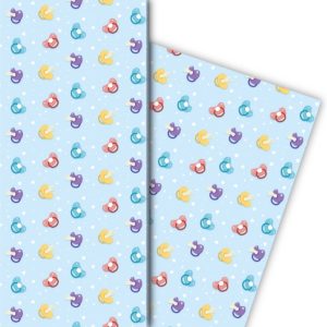 Kartenkaufrausch: Schnuller Geschenkpapier für Babys aus unserer Baby Papeterie in hellblau