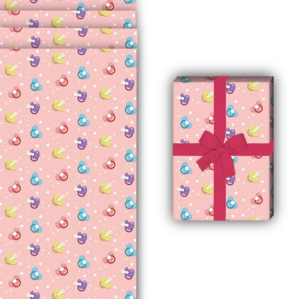 Baby Geschenkverpackung: Schnuller Geschenkpapier für Babys von Kartenkaufrausch in rosa