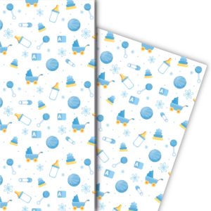 Kartenkaufrausch: Baby Geschenkpapier mit Spielzeug aus unserer Baby Papeterie in hellblau