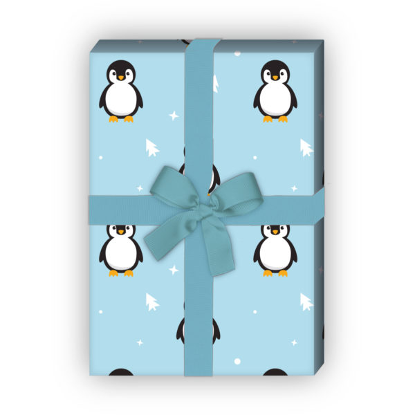 zum Weihnachtsgeschenk einpacken: Super süßes Weihnachtspapier mit Pinguinen und Weihnachtsbäumen, hellblau, jetzt online kaufen