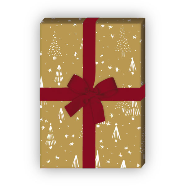 zum Weihnachtsgeschenk einpacken: Retro Weihnachtspapier mit grafischem Weihnachtsbaum Wald, beige, jetzt online kaufen
