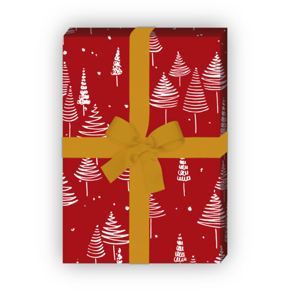 Weihnachtsgeschenke verpacken mit: Retro Weihnachtspapier mit schönem Weihnachtsbaum Wald, rot, jetzt online kaufen