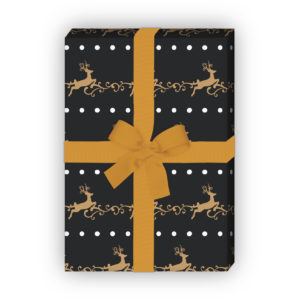 zum Weihnachtsgeschenk einpacken: Edles Streifen Weihnachtspapier mit springenden Hirschen, grau schwarz, jetzt online kaufen