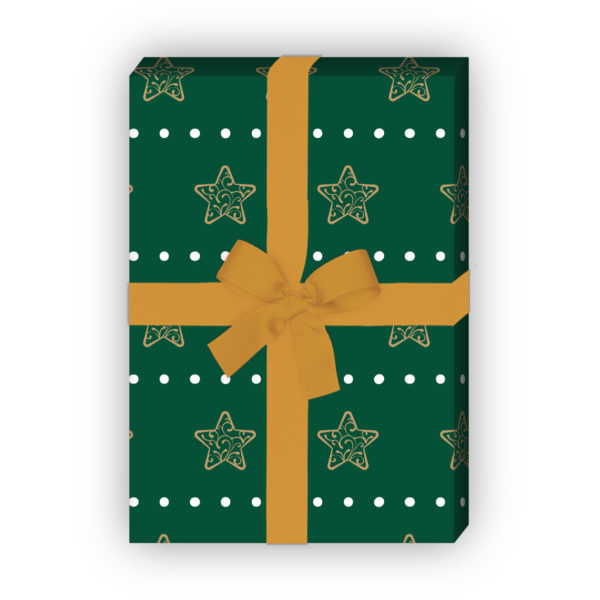 zum Weihnachtsgeschenk einpacken: Schönes Streifen Weihnachtspapier mit Ornament Sternen, grün, jetzt online kaufen