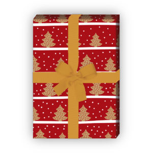 zum Weihnachtsgeschenk einpacken: Schönes Streifen Weihnachtspapier mit Weihnachtsbäumen im Schnee, rot, jetzt online kaufen
