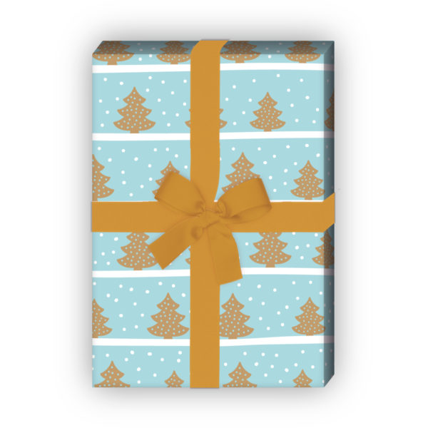 zum Weihnachtsgeschenk einpacken: Schönes Streifen Weihnachtspapier mit Weihnachtsbäumen im Schnee, hellblau, jetzt online kaufen