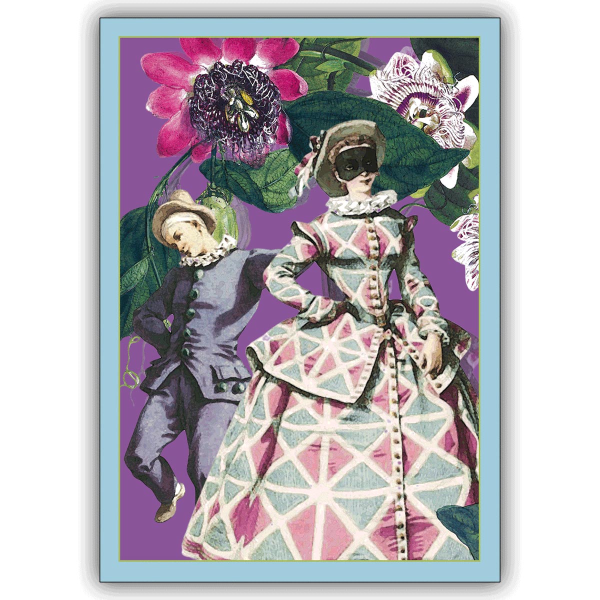 Elegante Grußkarte, Klappkarte mit Arlecchina und Passions Blumen