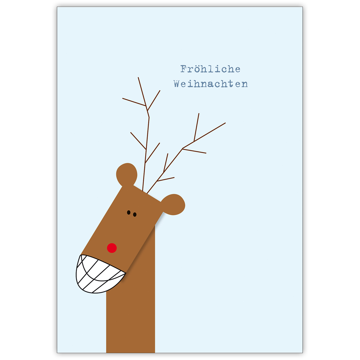 Witzige Weihnachtskarte um fröhliche Weihnachten mit grinsenden Elch zu wünschen