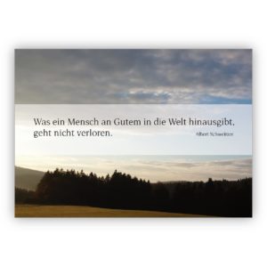 Ruhige Trauerkarte Kondolenzkarte mit Wald Landschaft am Abend und Albert Schweizer Zitat