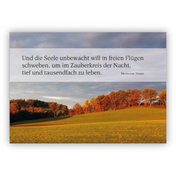 Feine Trauerkarte Kondolenzkarte mit Abendlicher Landschaftsstimmung und Hesse Zitat