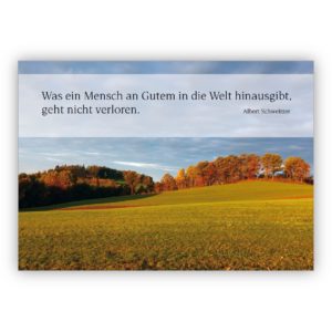 Feine Trauerkarte Kondolenzkarte mit hügeliger Abend Landschaft und Albert Schweizer Zitat