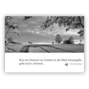 Würdevolle Trauerkarte, Kondolenzkarte mit Landschaft und Albert Schweizer Zitat, schwarz weiß