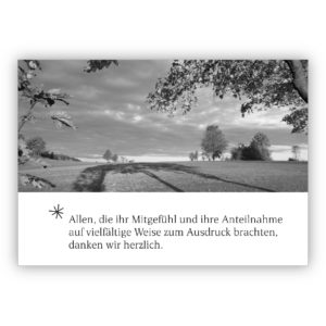 Mitfühlende Trauer Dankeskarte mit Landschaft in in schwarz weiß