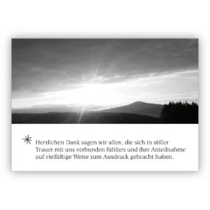 Edle Trauer Dankeskarte mit Sonnenuntergang und Albert Schweizer Zitat, schwarz weiß