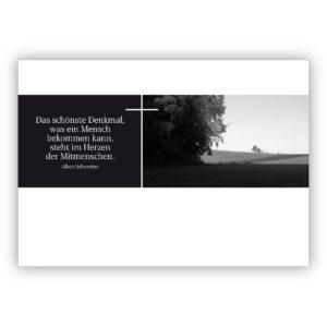 Moderne Trauerkarte, Kondolenzkarte mit Kreuz in schwarz weiß und Albert Schweizer Zitat