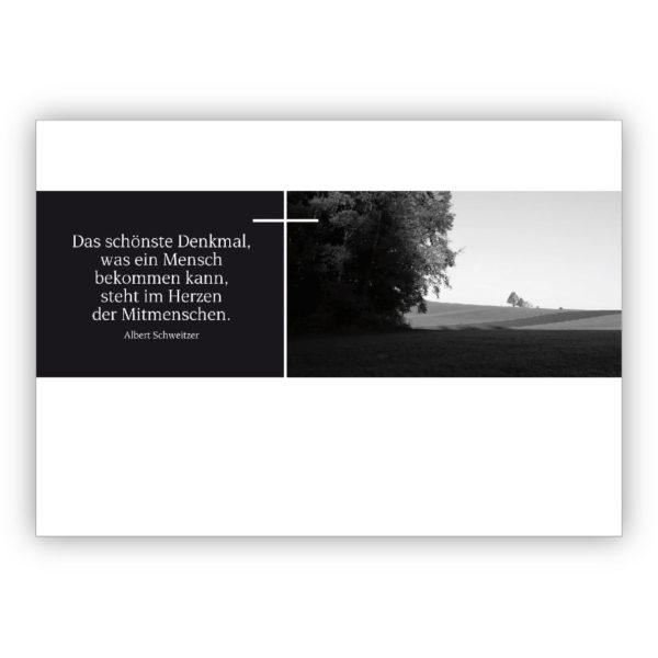 Moderne Trauerkarte, Kondolenzkarte mit Kreuz in schwarz weiß und Albert Schweizer Zitat