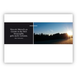 Klassische moderne Trauerkarte, Kondolenzkarte mit Kreuz, Sonnenstrahlen und Albert Schweizer Zitat