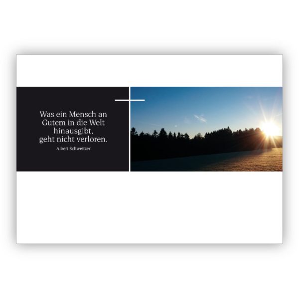 Klassische moderne Trauerkarte, Kondolenzkarte mit Kreuz, Sonnenstrahlen und Albert Schweizer Zitat