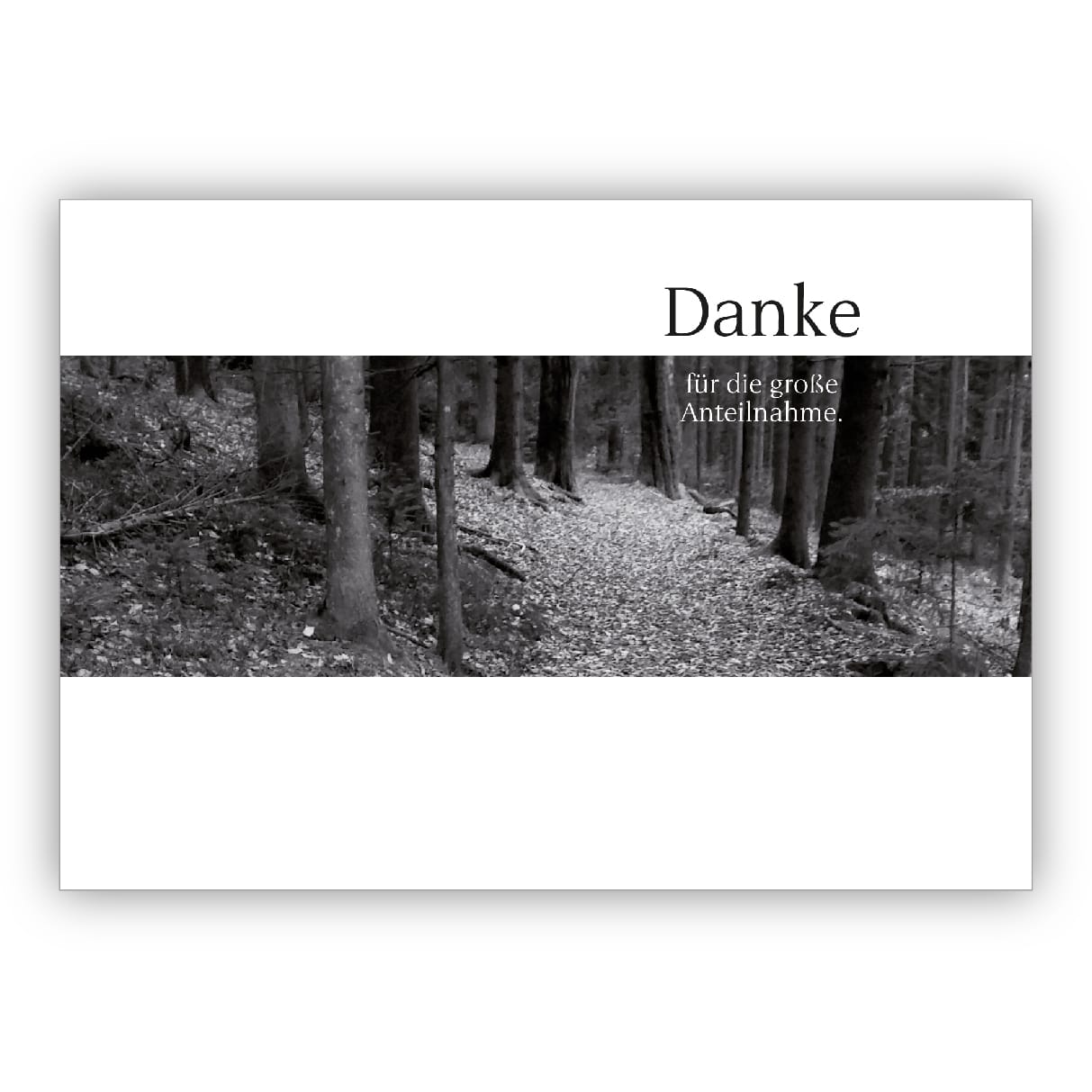Edle moderne Trauer Dankeskarte in schwarz,weiß mit Waldweg
