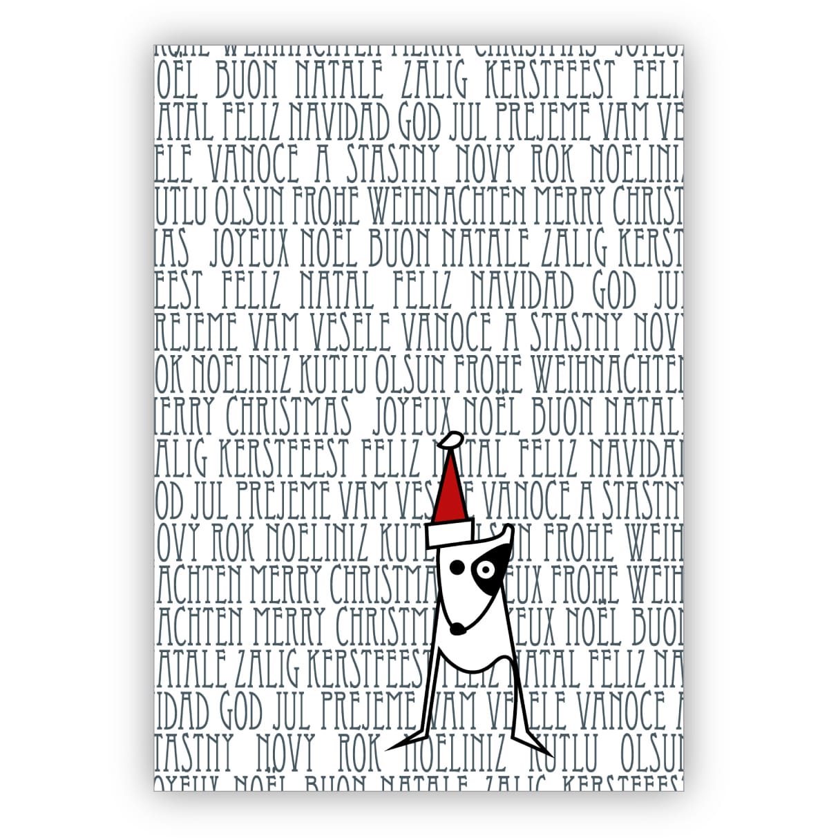 Lustige Weihnachtskarte mit internationalen Weihnachtsglückwünschen und süßem Hund mit Weihnachtsmann Mütze, weiß