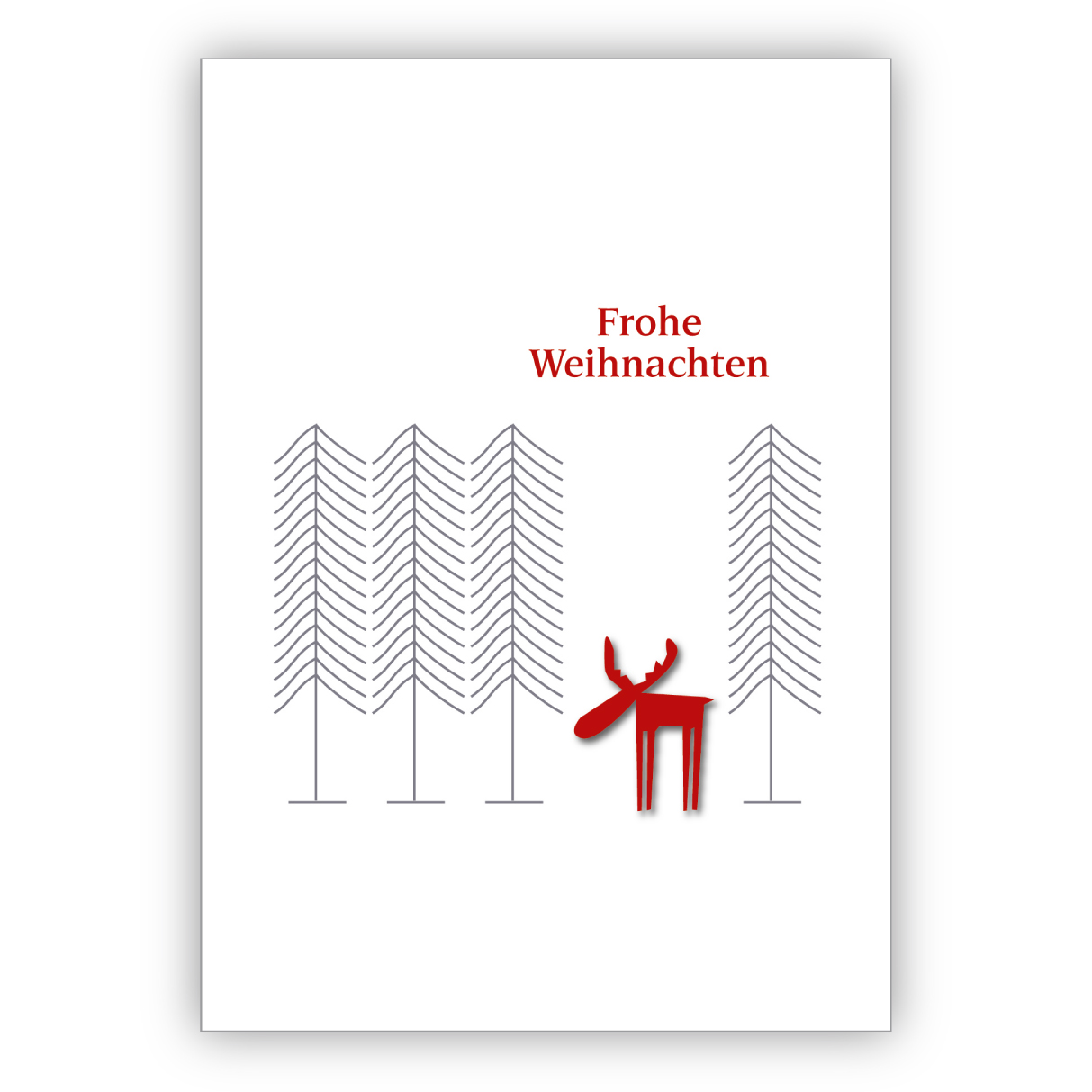 Edle weiße Weihnachtskarte mit rotem Elch im Wald: Frohe Weihnachten