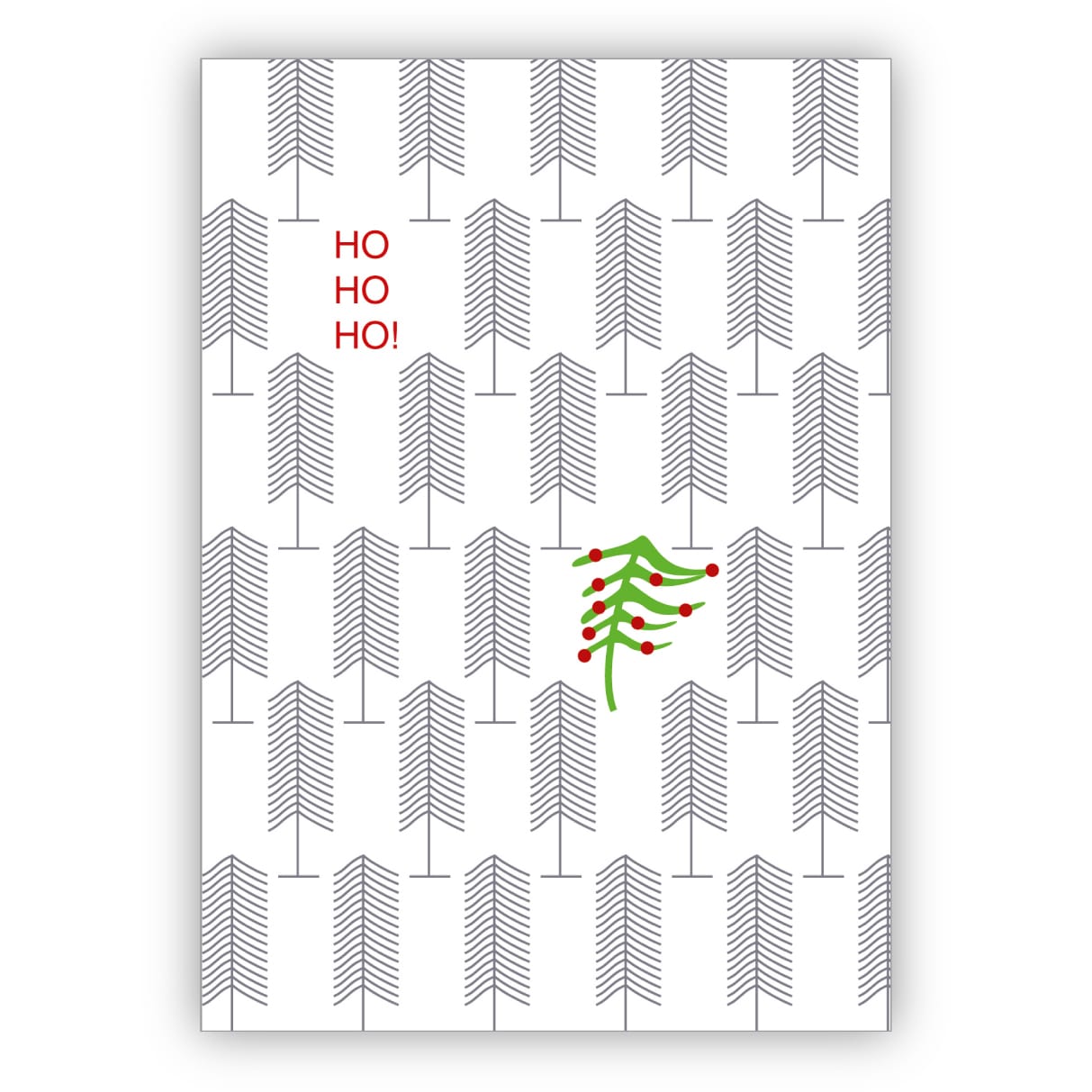 Edle weiße Weihnachtskarte mit grafischen Wald und Weihnachtsbaum: Ho Ho Ho
