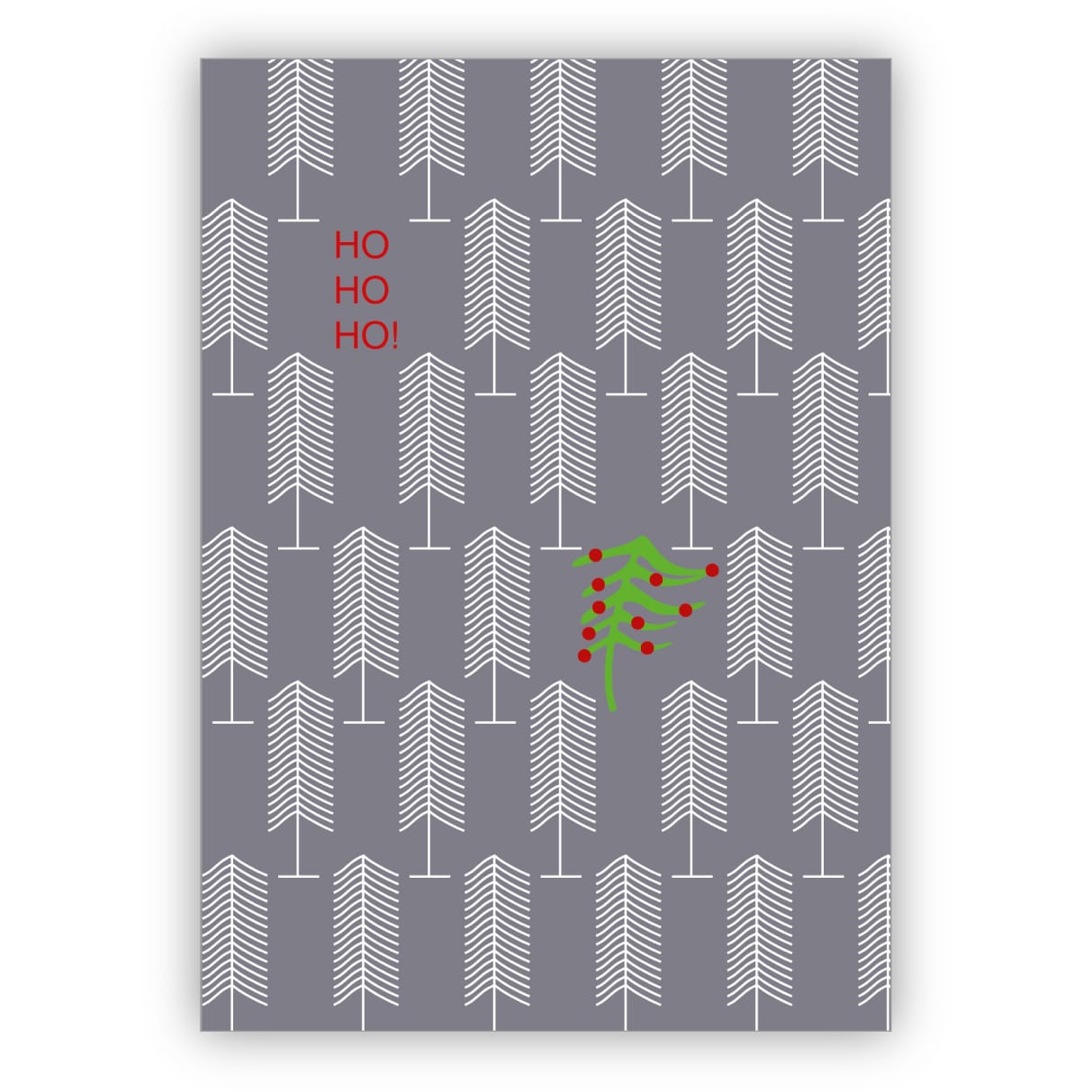 Edle graue Weihnachtskarte mit grafischen Wald und Weihnachtsbaum: Ho Ho Ho