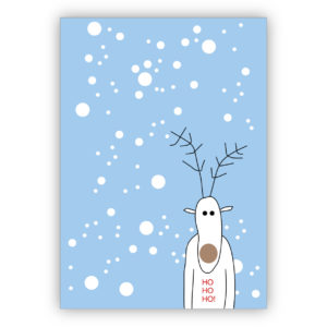 Witzige Weihnachtskarte mit Albino Elch im Schneetreiben, hellblau: ho ho ho