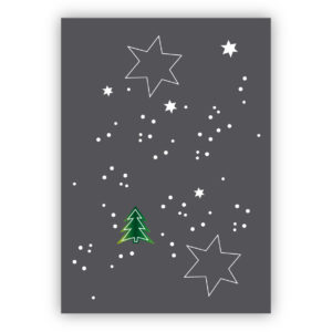 Moderne Weihnachtskarte mit Sternen und Weihnachtsbaum, grau