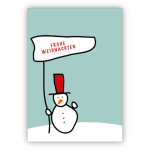 Nette hellblaue Weihnachtskarte mit Schneemann: Frohe Weihnachten