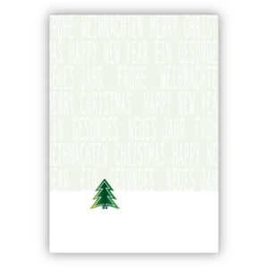 Edle Weihnachtskarte mit internationalen Weihnachts und Neujahrs Glückwünschen und Weihnachtsbaum