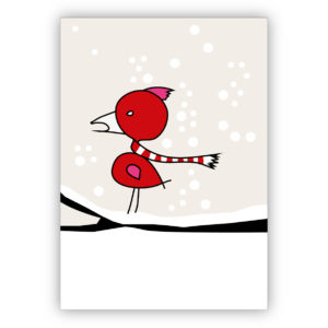 Lustige Winter Weihnachtskarte mit Vogel im rot weiß gestreiftem Schal