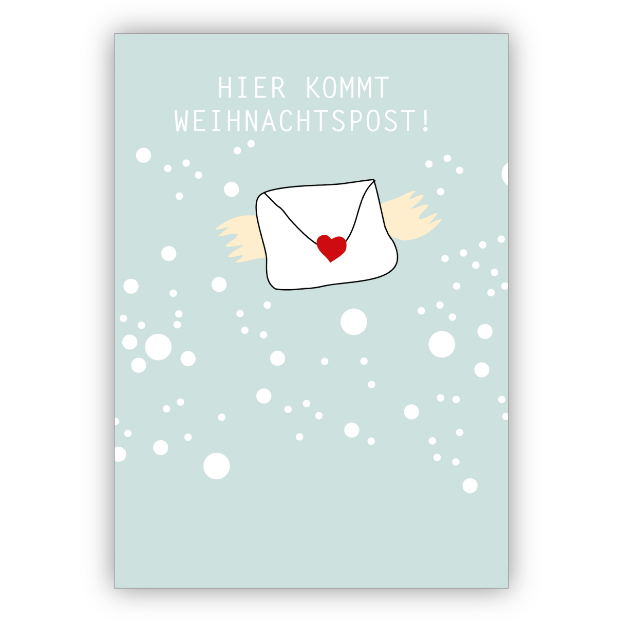 Nette Weihnachtskarte mit fliegendem Herz Brief: Hier kommt Weihnachtspost