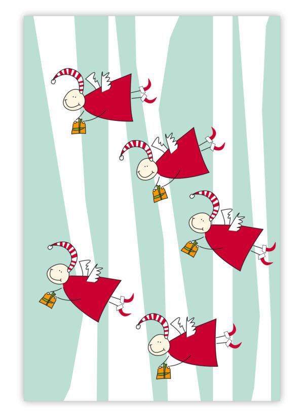 Streifen Weihnachts Geschenkpapier mit lustigen Engeln, türkis blau