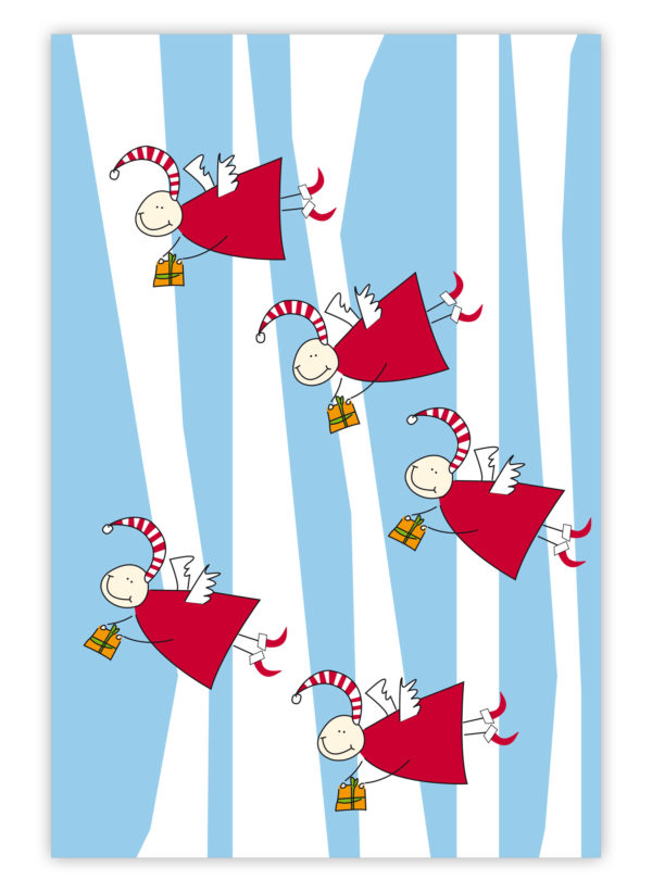 Streifen Weihnachts Geschenkpapier mit lustigen Engeln, hellblau