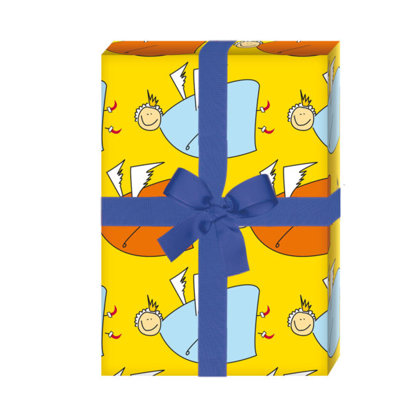 zum Weihnachtsgeschenk einpacken: Weihnachts Geschenkpapier mit fröhlichem Engel Muster, gelb (4 Bögen) jetzt online kaufen