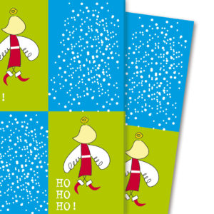 Grafisches Weihnachts Geschenkpapier mit Weihnachtsmann/ Nikolaus Engel, hellblau